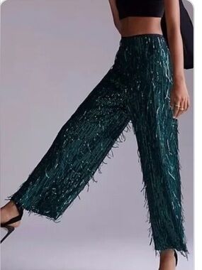 Anthropologie Teal Fringe Wide-Leg Pants